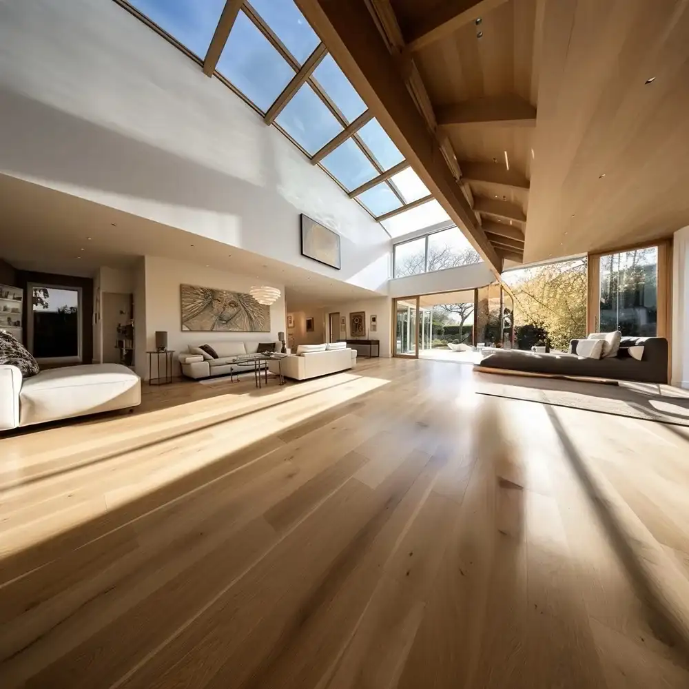 Spacious living room with natural oak timber flooring