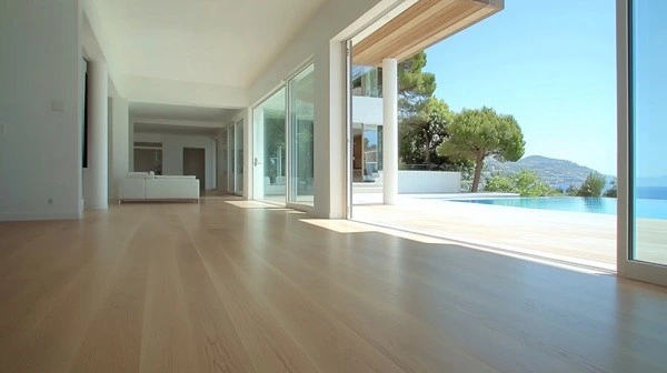 Laminate timber flooring styled for a Northern Beaches coastal living room